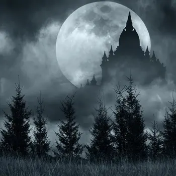 Хелоуин Нощен Гора от Черен Замък пълнолуние Страшно дърво снимка фон Компютърни печат фон на стената