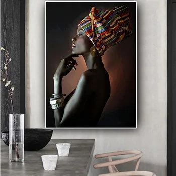 Африканска Гола Жена Индийски Превръзка На Главата Портрет Платно Живопис Плакати и Щампи Скандинавски Стенни Художествена Картина за Хола