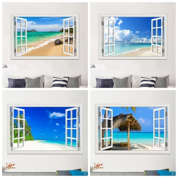 Плажен Пейзаж 3D Изглед От Прозореца на Стикер На Стената Природа Лятото на Морето Свалящ Стикер Vinyl Стикер Естетически Тапети Декор на Стая