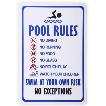 Правила за плуване в басейна плуват далеч на свой страх и риск Предупредителен метален знак, Тенекеджия знаци за безопасност басейни, аквапарк. Сладък лидице знак