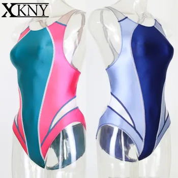 XCKNY сатен, гланц бански маслен блестящ цвят в тон едно парче бански копринен лъскав Спортен бански костюм Спортен Тренировъчен Бански