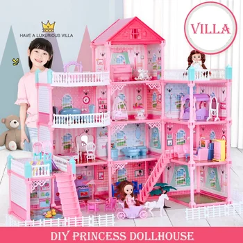 Принцеса Вила Diy Куклена Къща Розов Замък Игрална Зала С Кукла Комплект В Събирането на Кукла Играчка За Момиче, Подарък За Рожден Ден Семейни играчки
