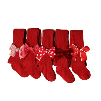 2021-10-12 Lioraitiin от 0 до 6 години на Детски Коледни чорапогащи в рубчик, Еластични чорапогащи средно за кацане за момичета с лъкове (червени)