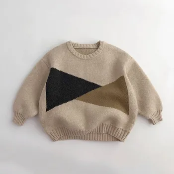 Есенно-Зимния Геометричен Пуловер С Индивидуалността, Пуловер За Момчета, Универсални Свободни Блузи За Деца, Удобни Свободни Трикотажни Тениски За Момичета