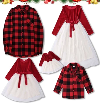 Есенни еднакви комплекти за семейството, Коледна рокля с воал за майки и дъщери, изпъстрен ризи за баща и син, Кадифе дрехи за мама и мен