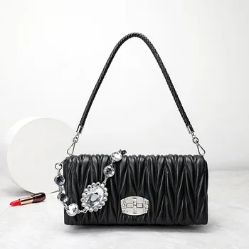2022 Луксозна дамска чанта, плиссированная чанта на Едно рамо, чанта-месинджър, модерна чанта от агнешка кожа с бриллиантовым топка, декоративна чанта
