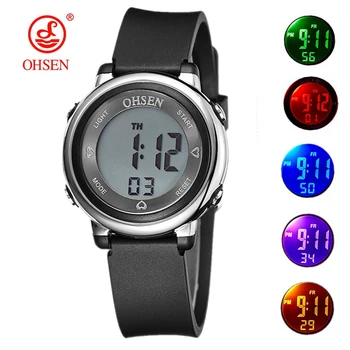 OHSEN Дамски Спортни цифрови LCD Часовник с Черен силикон каишка, Детски водоустойчиви часовници, Електронни relogio feminino