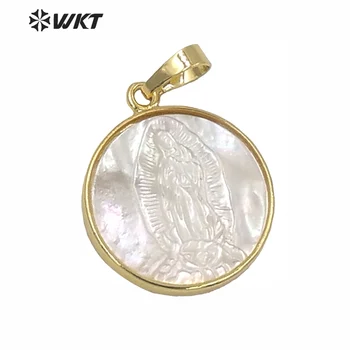 WT-JP042 WKT Гореща разпродажба! търговия на едро с естествен бял висулка във формата на миди с кръгла форма на Дева Мария в религиозния стил висулка за направата на огърлици